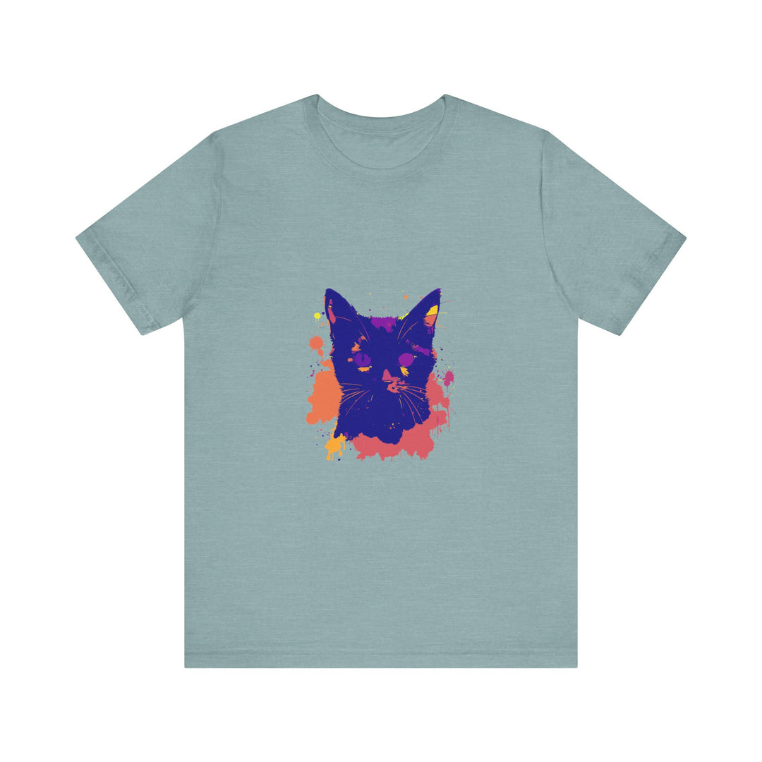 Vibrant Black Cat Mystery - Colorful Splatter T-Shirt featuring a playful and mysterious cat design