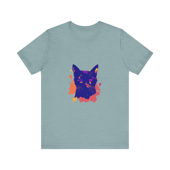 Vibrant Black Cat Mystery - Colorful Splatter T-Shirt featuring a playful and mysterious cat design