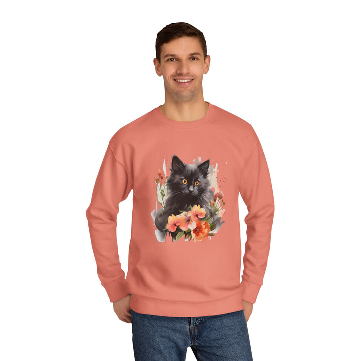Black Cat and Blossoming Flowers Soft Cotton Sweatshirt