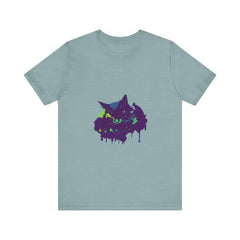 Black Cat Mystery - Colorful Paint Splatter T-Shirt with vibrant and dynamic design on black fabric