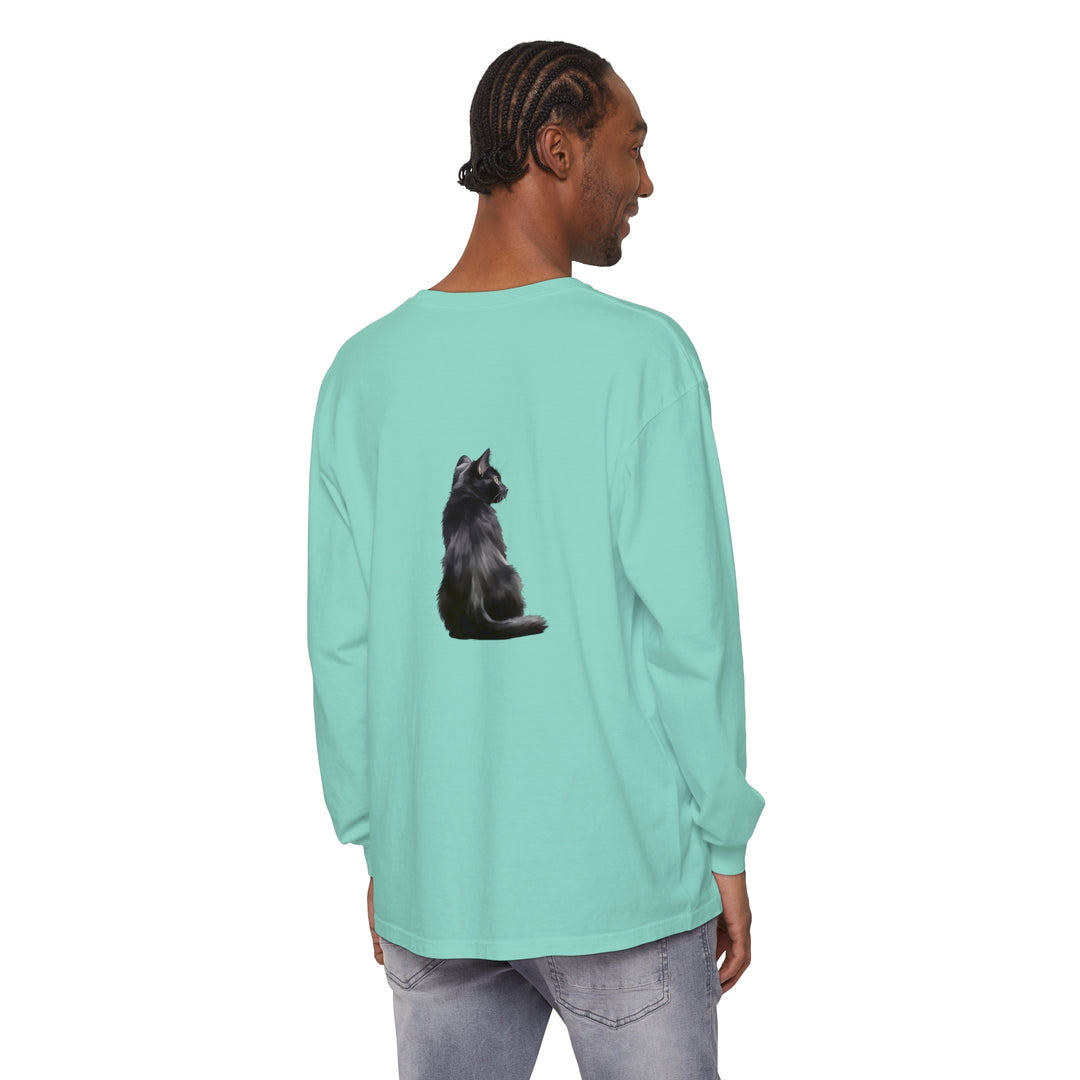 Black Cat Mystique Long Sleeve T-Shirt - A stylish and comfortable black long sleeve shirt featuring an intricate cat design on the front