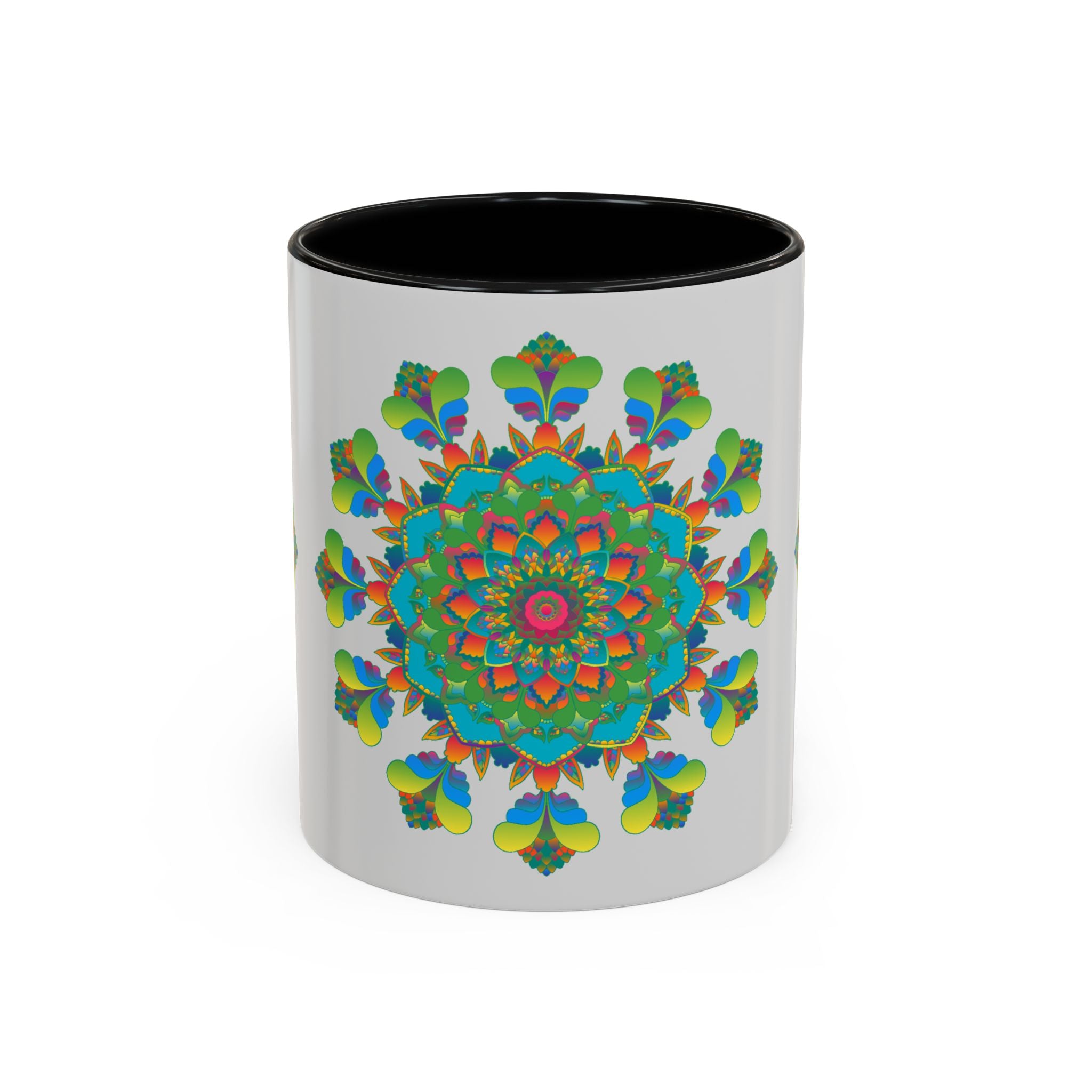 A beautifully handcrafted mandala art mug with vibrant and intricate colors on a stylish grey background