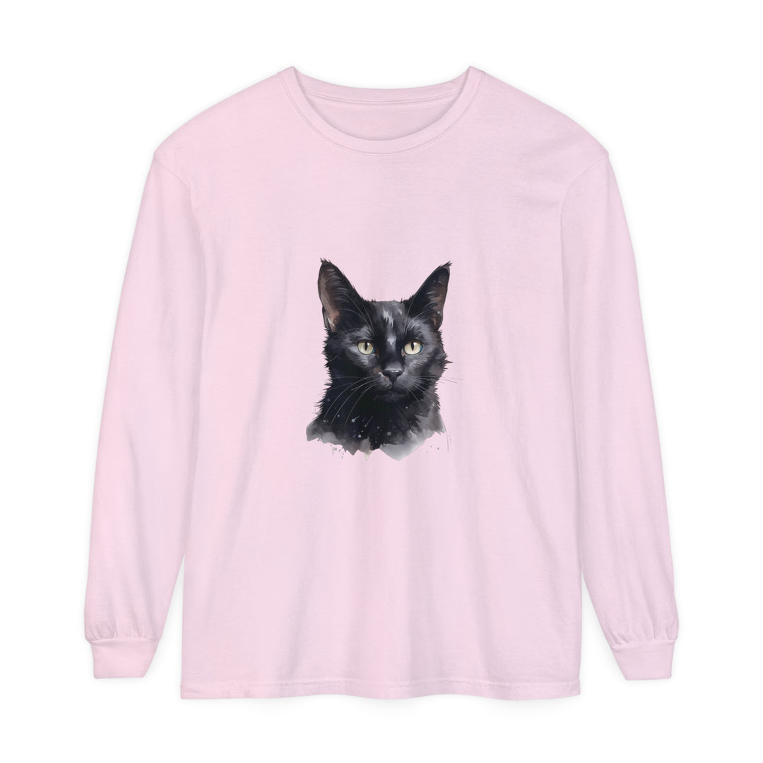 Black Cat Watercolor Unisex Long Sleeve T-Shirt with vibrant and detailed feline design