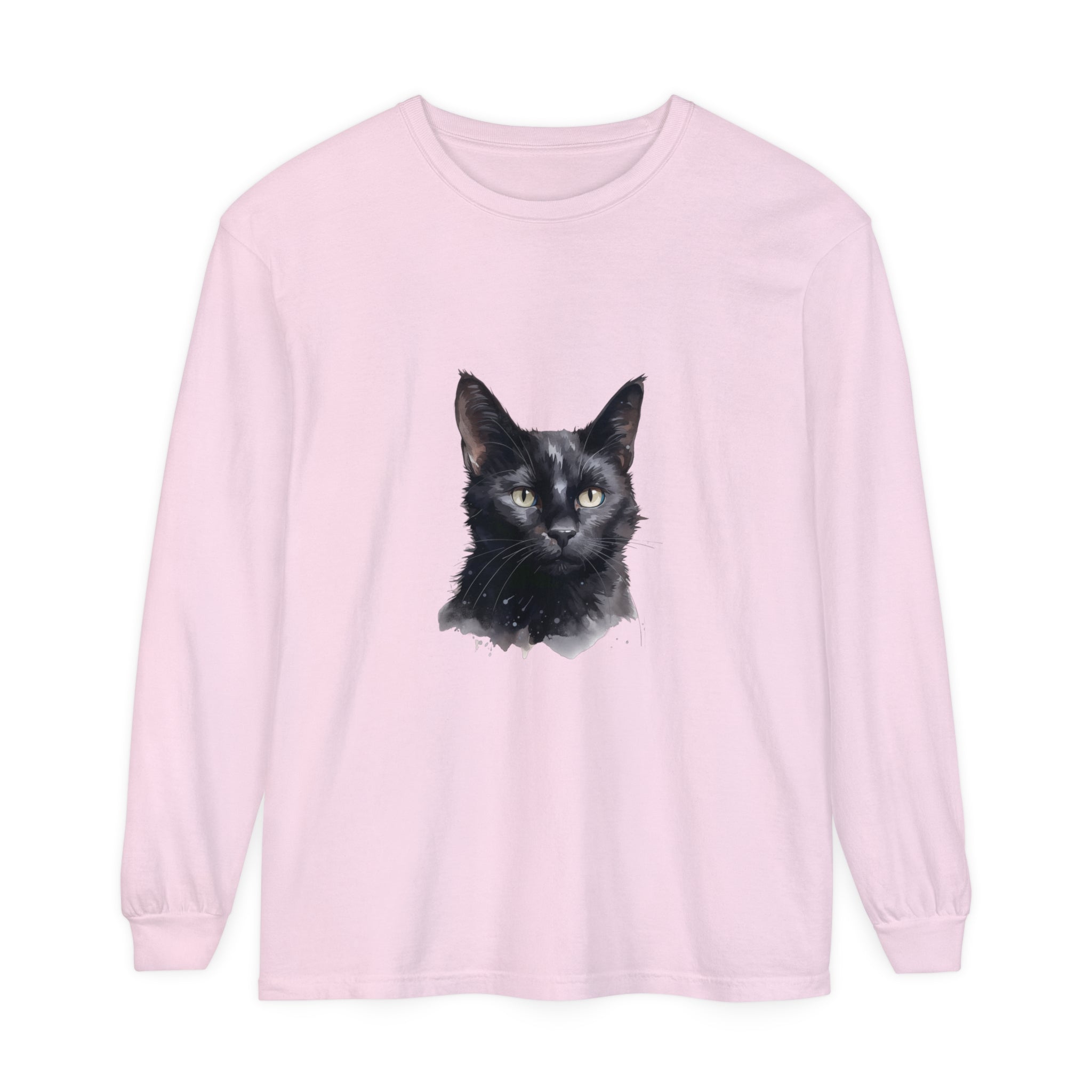 Black Cat Watercolor Unisex Long Sleeve T-Shirt with vibrant and detailed feline design