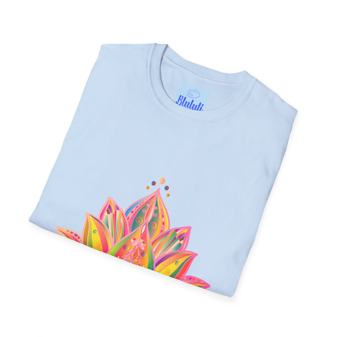 Lotus Mandala Unisex T-Shirt with a Hand-Drawn Unique Design in Blue and Liliac hues