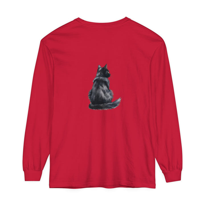 Black Cat Watercolor Long Sleeve T-Shirt: a stylish, comfortable top featuring a watercolor design of a black cat on a long sleeve shirt