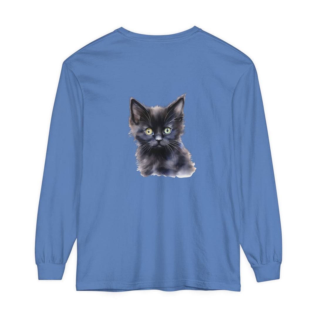 Black unisex long sleeve t-shirt with a mystical kitten graphic design