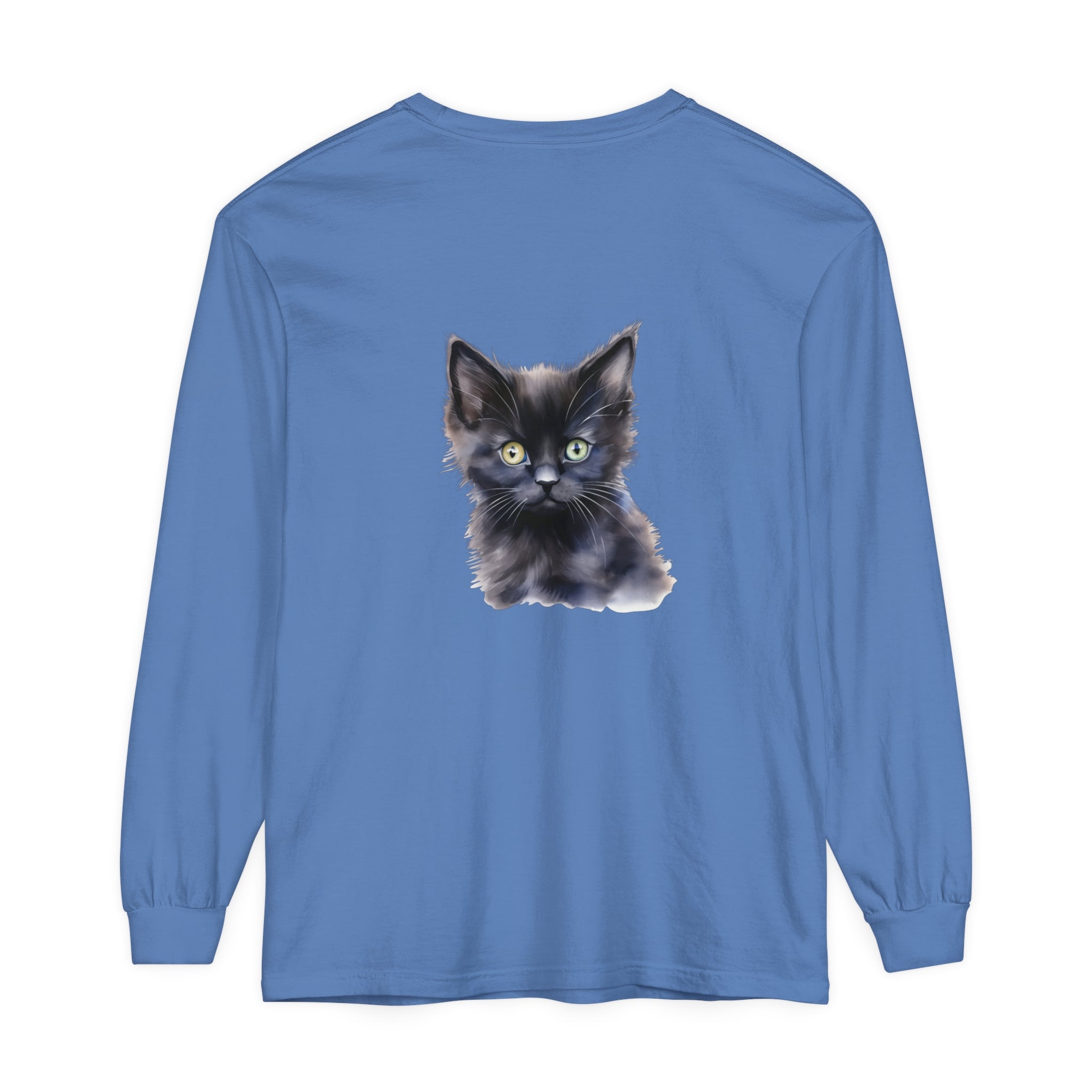 Black unisex long sleeve t-shirt with a mystical kitten graphic design