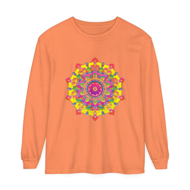 Colorful and intricate long sleeve t-shirt featuring a vibrant mandala design