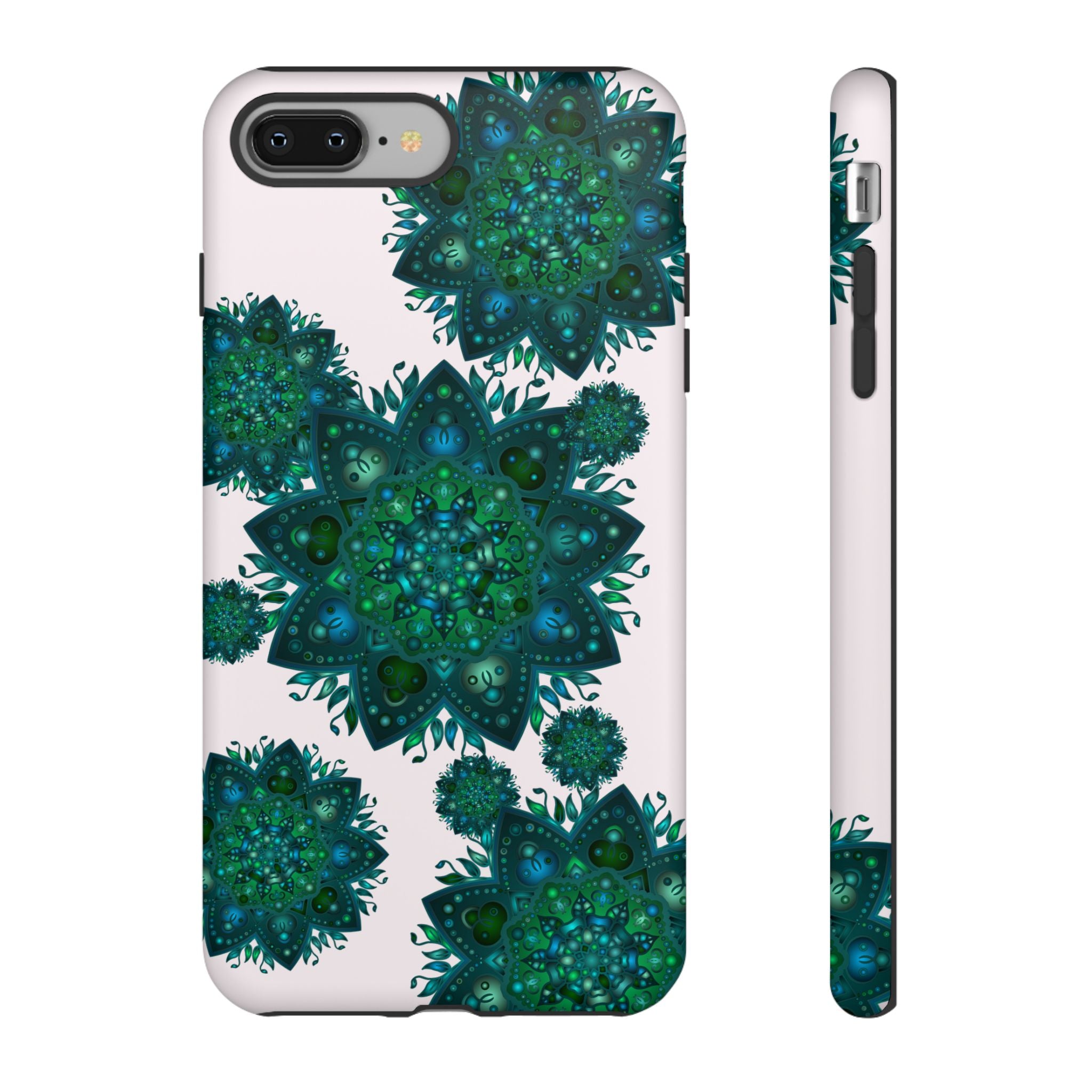 A beautifully detailed light pink and green mandala phone case featuring a peaceful and calming design