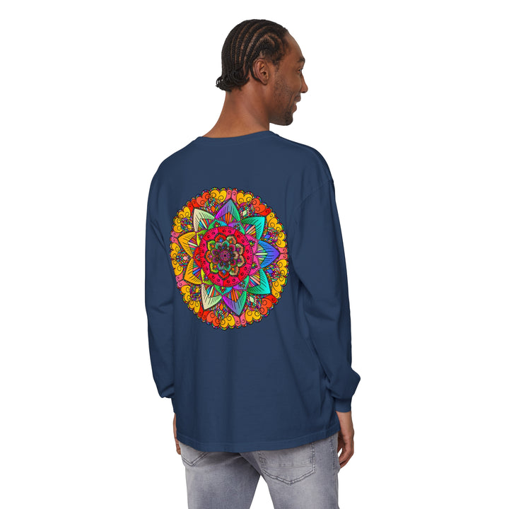 Colorful and intricate mandala design on a unisex long sleeve t-shirt