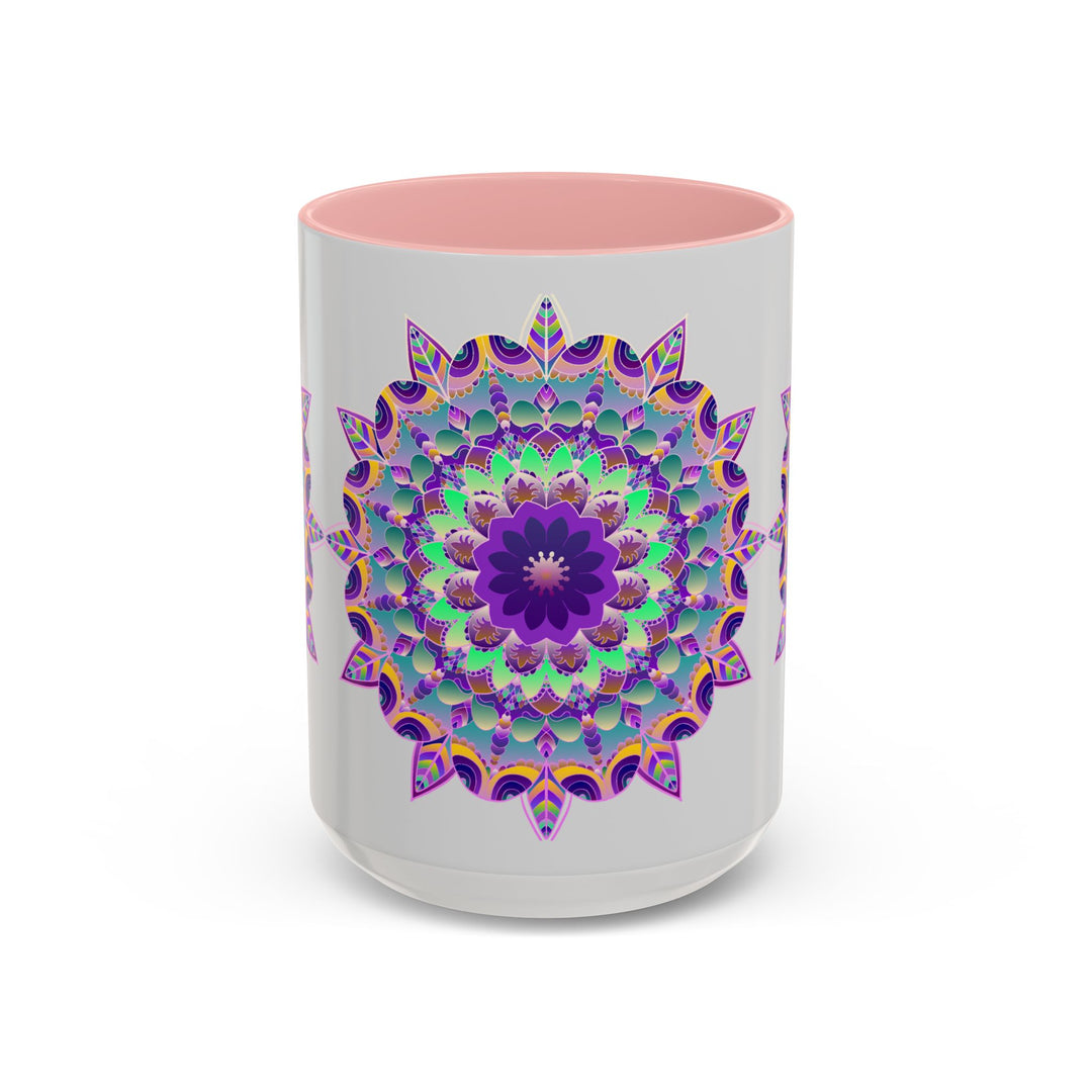 Beautiful light grey mug featuring a vibrant mandala art design