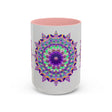 Beautiful light grey mug featuring a vibrant mandala art design