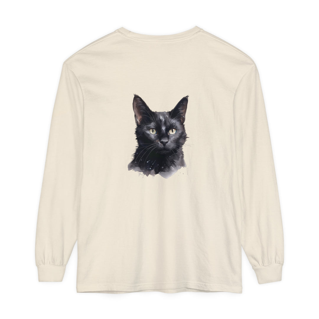 Black Cat Watercolor design on a comfortable unisex long sleeve t-shirt