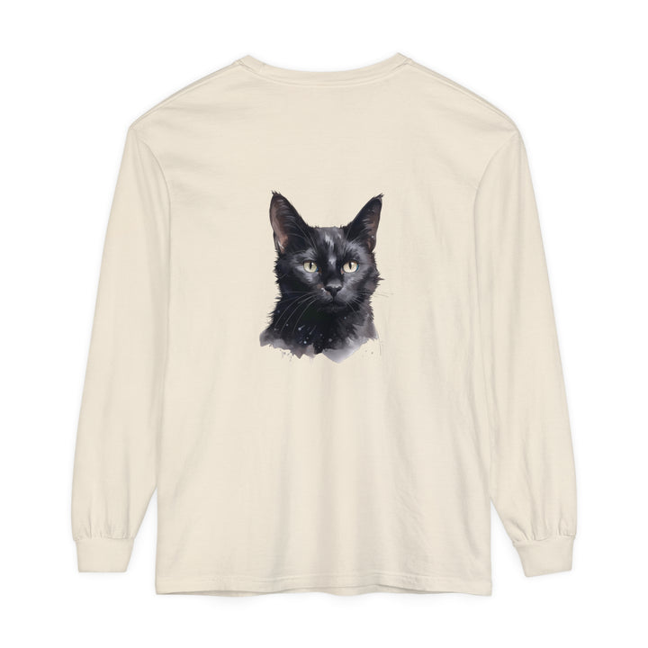 Black Cat Watercolor design on a comfortable unisex long sleeve t-shirt