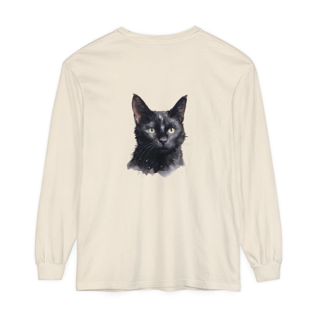 Black Cat Watercolor design on a comfortable unisex long sleeve t-shirt