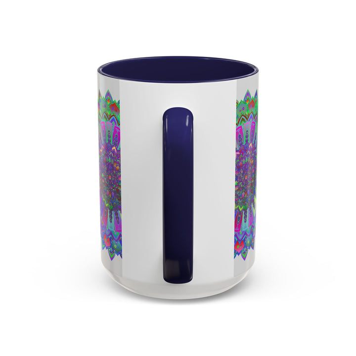 Colorful mandala art mug featuring intricate designs and vibrant shades of teal and blue