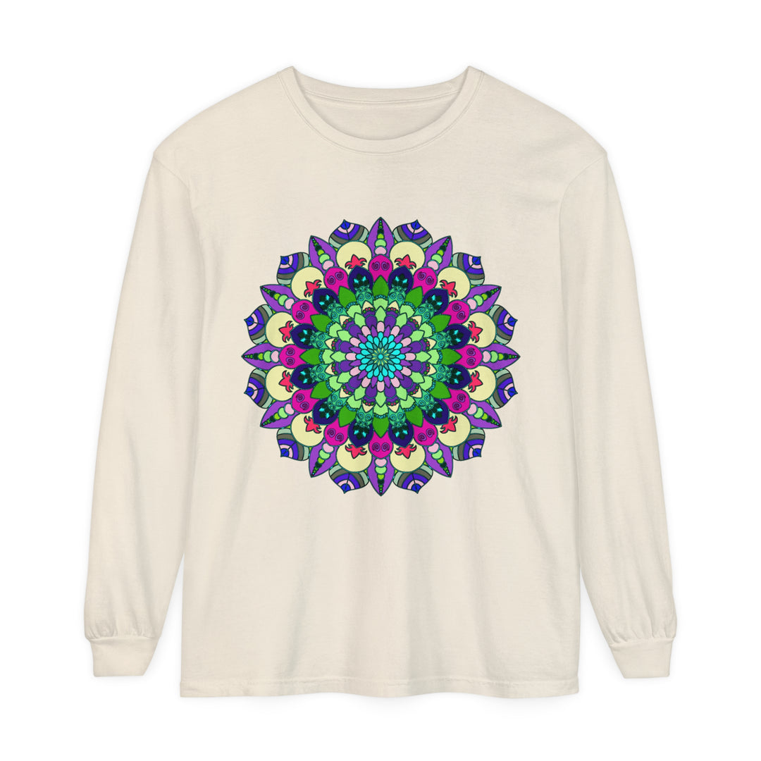 Colorful and eye-catching unisex long sleeve t-shirt featuring a vibrant mandala design