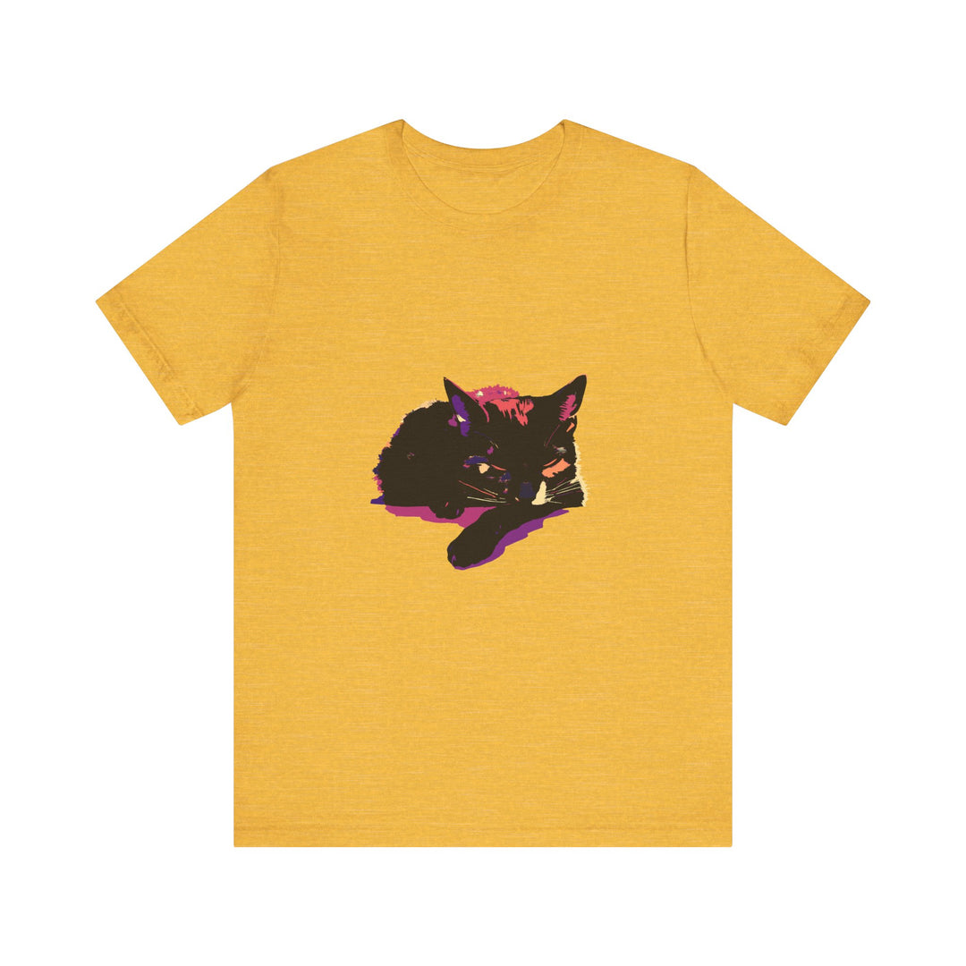 Black Cat Mystery - Colorful Sleep T-Shirt: A vibrant, comfortable t-shirt featuring a mysterious black cat design, perfect for a cozy night's sleep