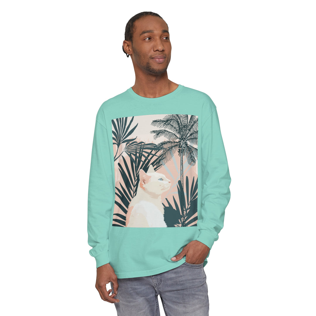 White Cat Tropical Mandala Long Sleeve T-Shirt featuring a colorful, intricate design