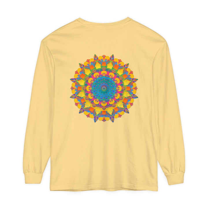 Colorful and intricate mandala design on a unisex long sleeve t-shirt