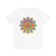 A vibrant and colorful psychedelic mandala t-shirt featuring a spiritual peace design