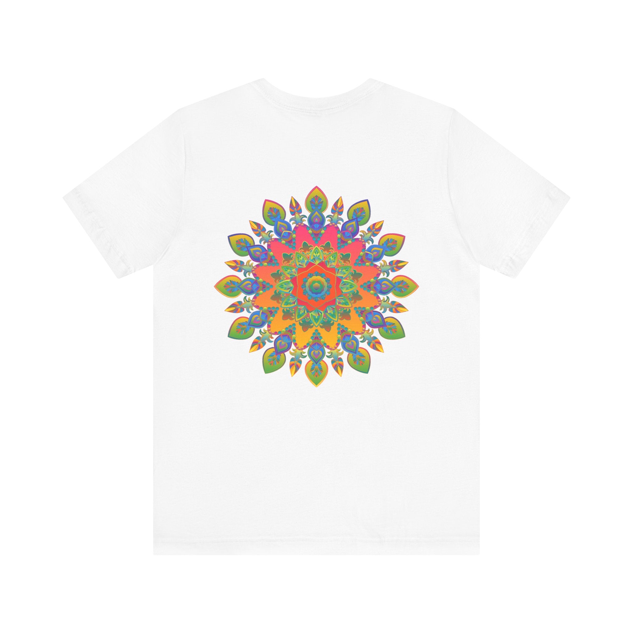 A vibrant and colorful psychedelic mandala t-shirt featuring a spiritual peace design