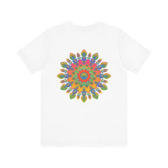A vibrant and colorful psychedelic mandala t-shirt featuring a spiritual peace design