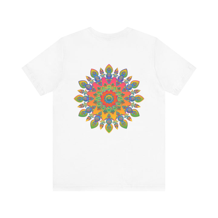 A vibrant and colorful psychedelic mandala t-shirt featuring a spiritual peace design