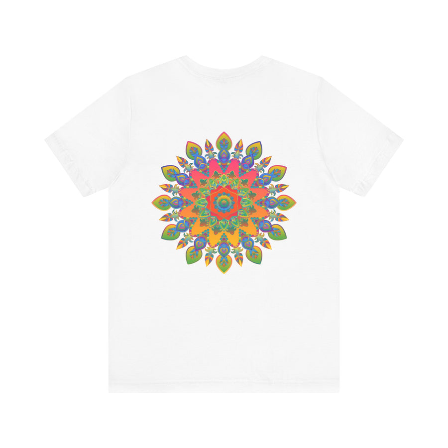 A vibrant and colorful psychedelic mandala t-shirt featuring a spiritual peace design