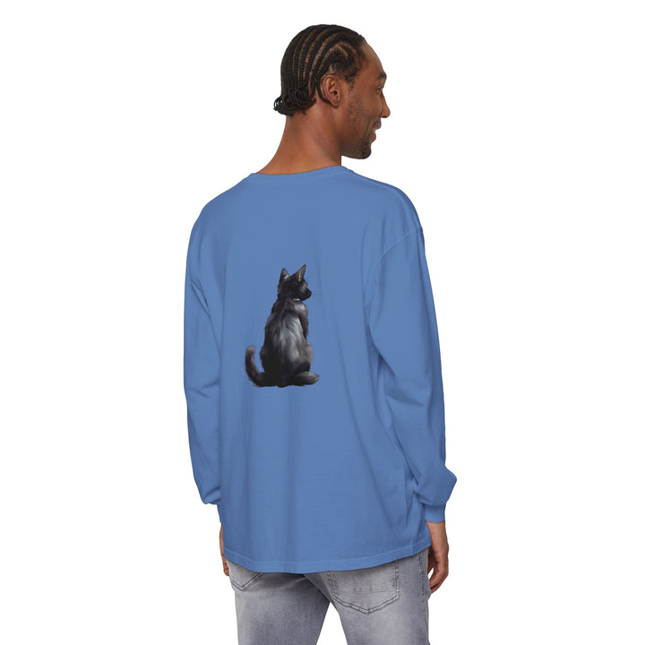 Black Cat Mystery unisex long sleeve tee with striking black cat design