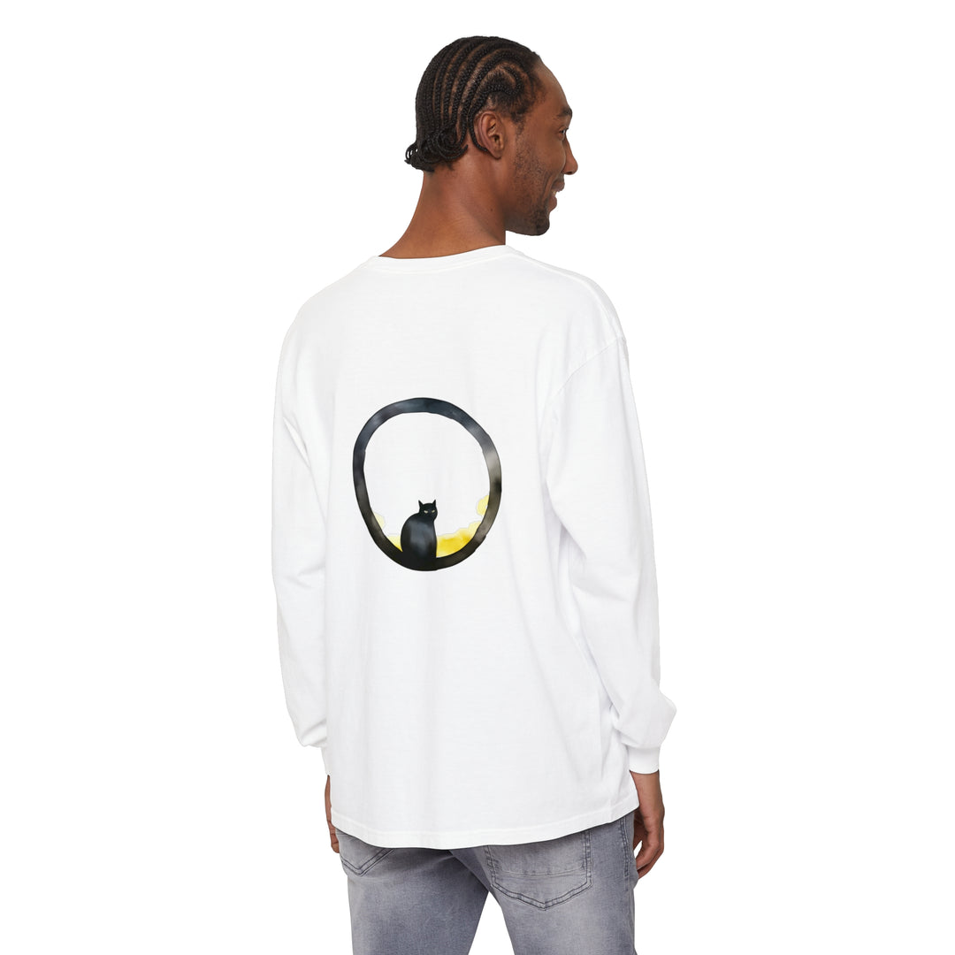 Black Cat Moon Glow Long Sleeve T-Shirt with a spooky, glowing moon and black cat design