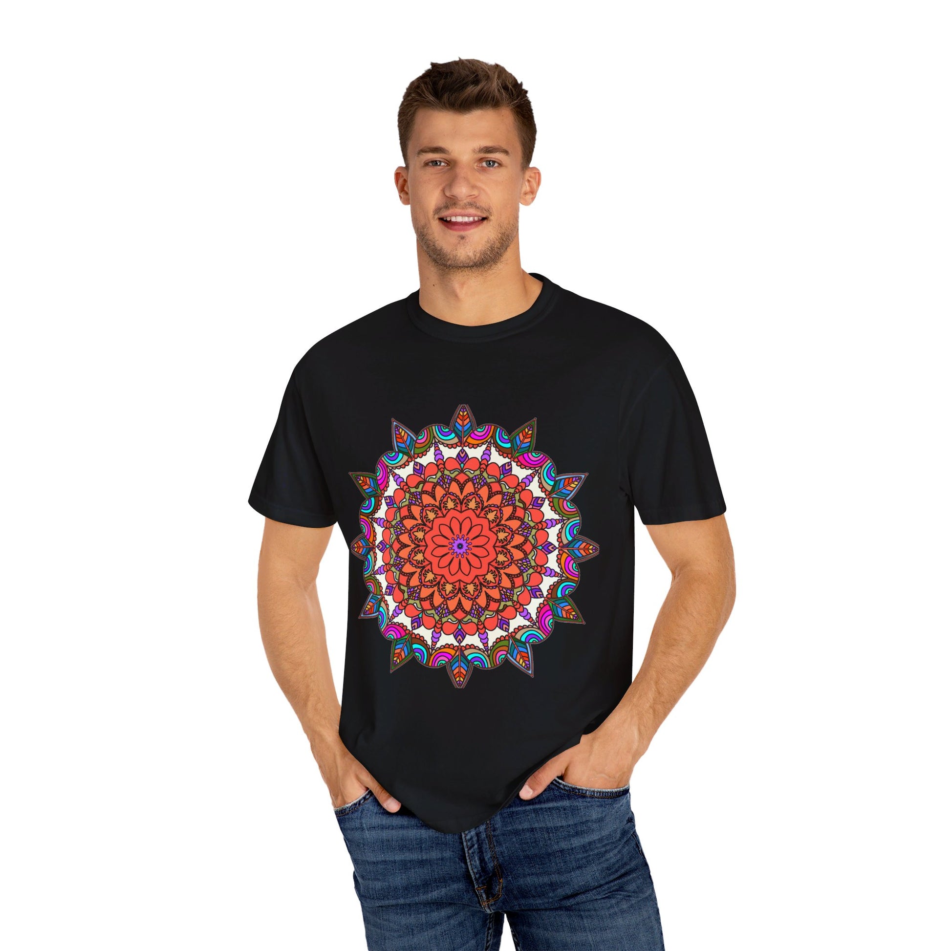 Unisex mandala t-shirt made from 100% ring-spun cotton, hand-drawn mandala art, garment-dyed for extra comfort