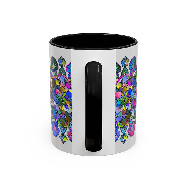 Colorful Mandala Mug with intricate floral art design on a grey background