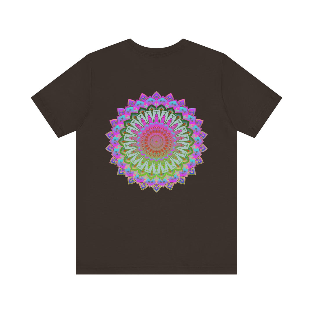 A beautiful and colorful mandala tee featuring spiritual symbols for peace and harmony