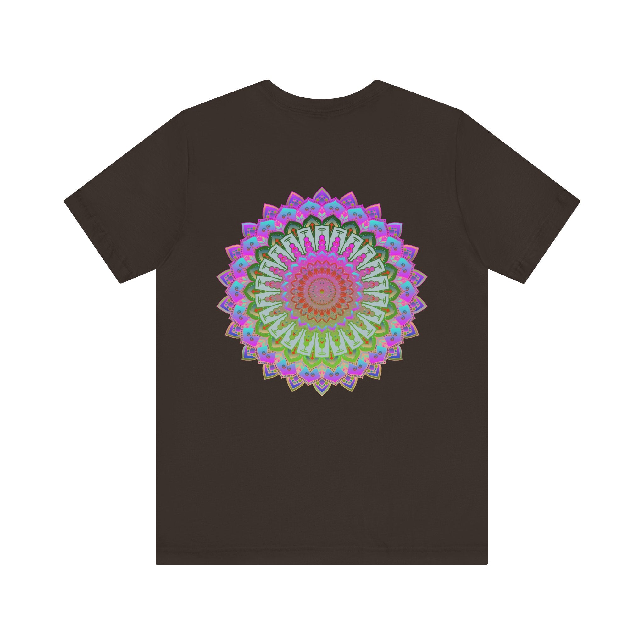 A beautiful and colorful mandala tee featuring spiritual symbols for peace and harmony