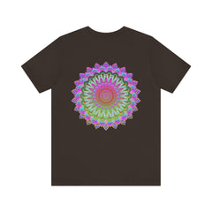A beautiful and colorful mandala tee featuring spiritual symbols for peace and harmony