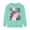 A white cat lounging in a lush tropical mandala, featured on a long sleeve t-shirt