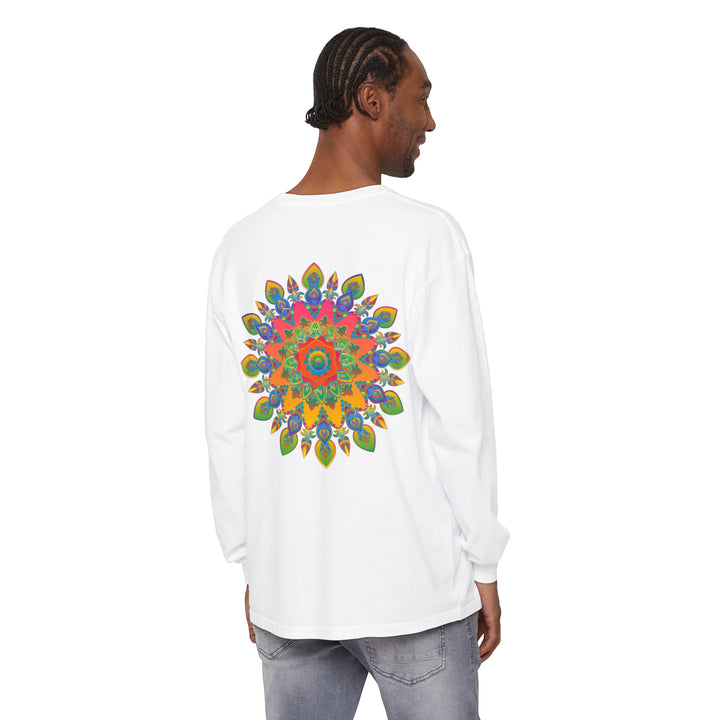 Colorful and intricate mandala design featured on a unisex long sleeve t-shirt