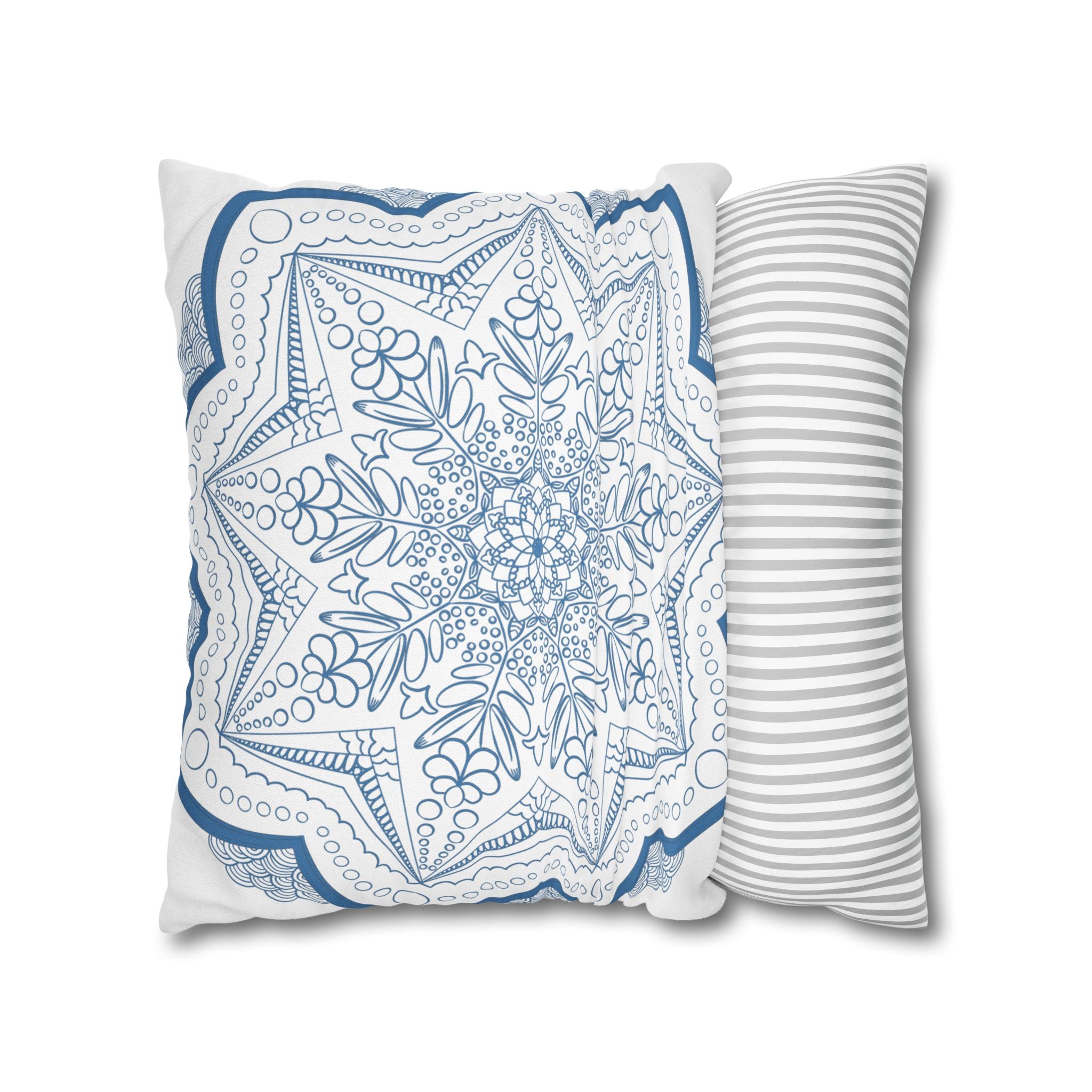 Spun Polyester Square Pillowcase Mandala Art with Original Fine Art Design in Steel Blue on White Background for Home Décor and Bedroom