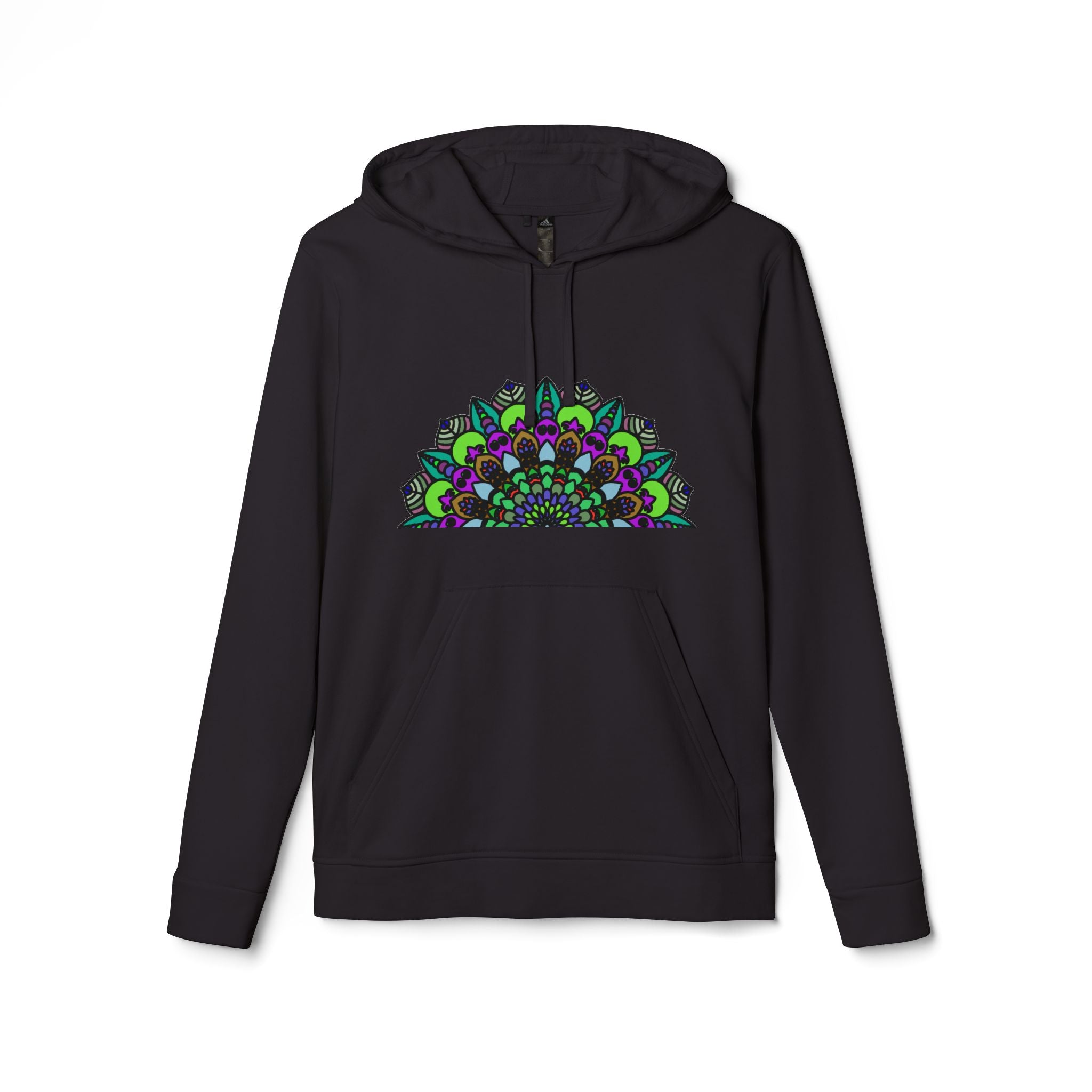 Colorful psychedelic mandala patterned Adidas fleece hoodie with hood and front pocket