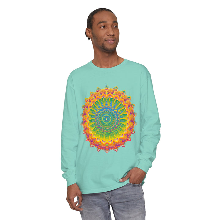 Intricate Mandala Unisex Long Sleeve T-Shirt in vibrant colors and detailed design