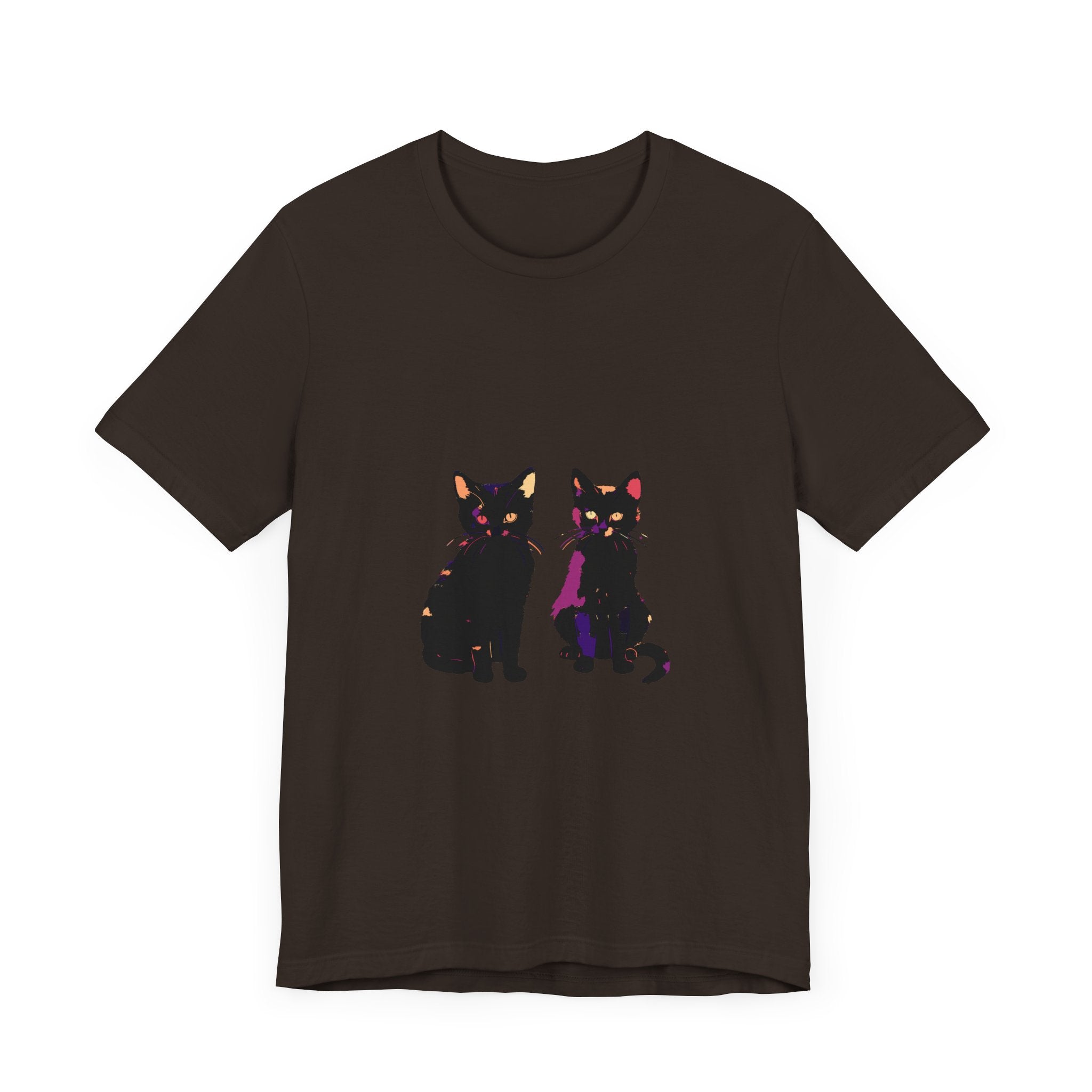 A close-up image of a colorful and elegant Black Cat Mystery T-Shirt featuring a mysterious black cat design against a dark background