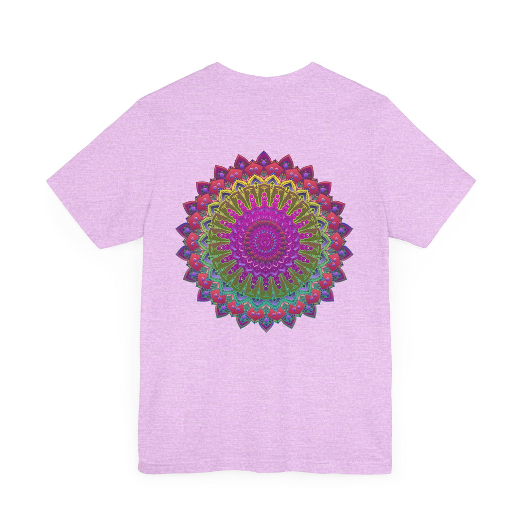 A close-up image of a vibrant mandala tee featuring intricate spiritual symbols, promoting peace and harmony through its colorful and detailed design