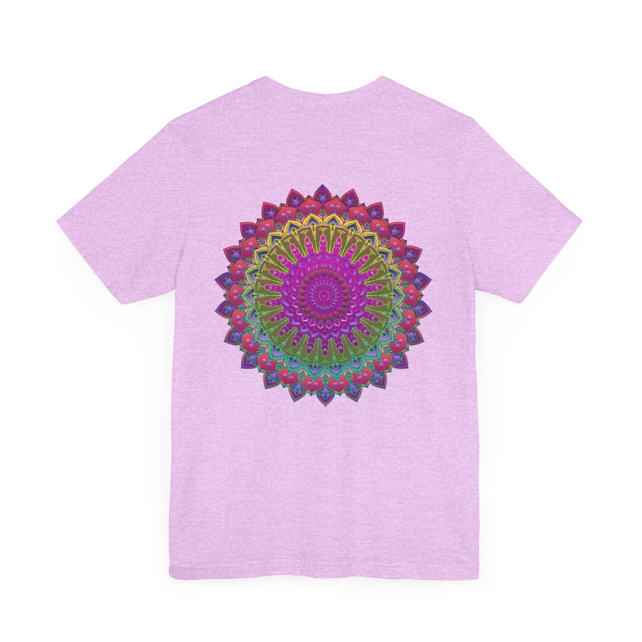 A close-up image of a vibrant mandala tee featuring intricate spiritual symbols, promoting peace and harmony through its colorful and detailed design