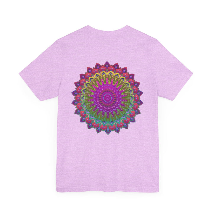 A close-up image of a vibrant mandala tee featuring intricate spiritual symbols, promoting peace and harmony through its colorful and detailed design