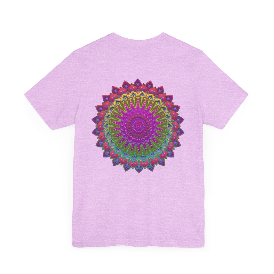 A close-up image of a vibrant mandala tee featuring intricate spiritual symbols, promoting peace and harmony through its colorful and detailed design