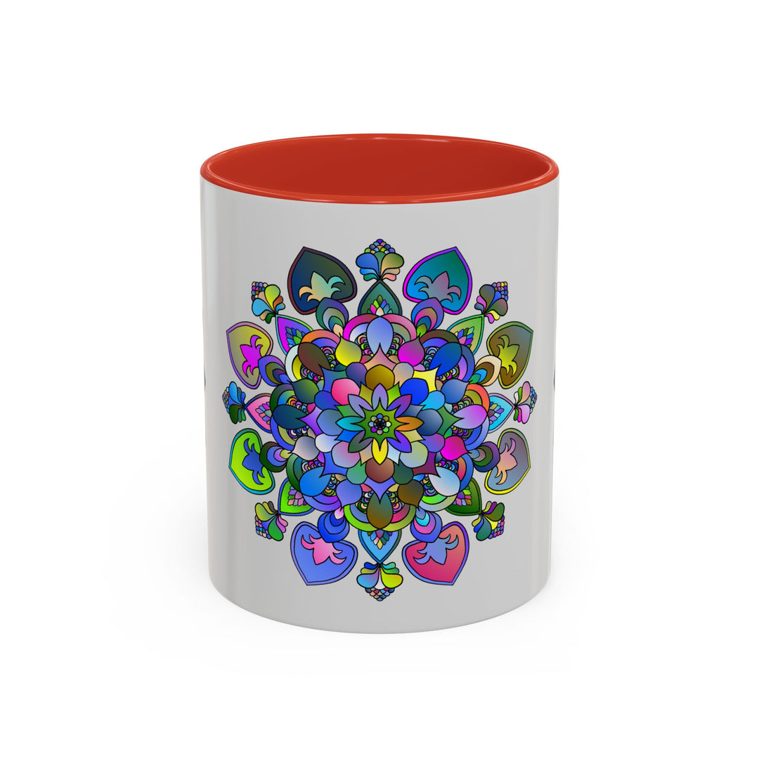 Beautiful Colorful Mandala Mug with Intricate Floral Art Design on Grey Background