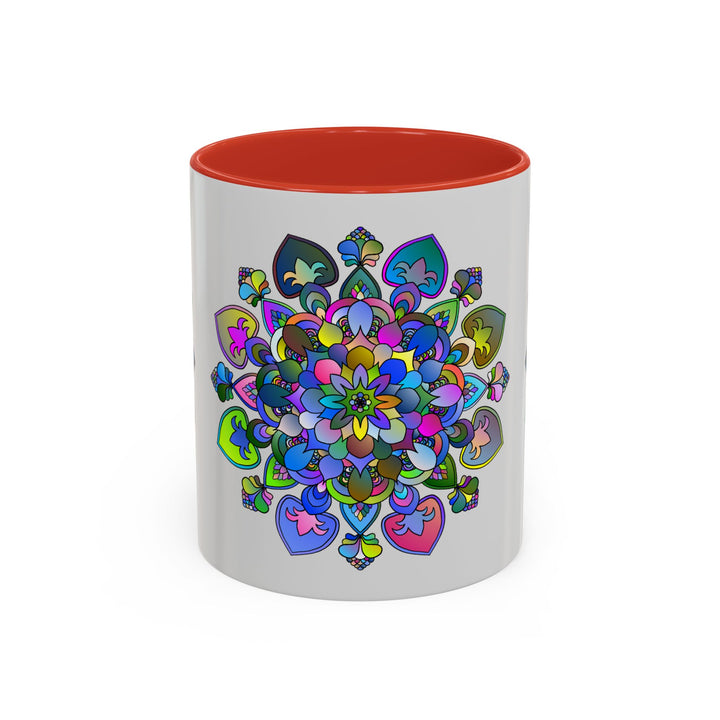 Beautiful Colorful Mandala Mug with Intricate Floral Art Design on Grey Background