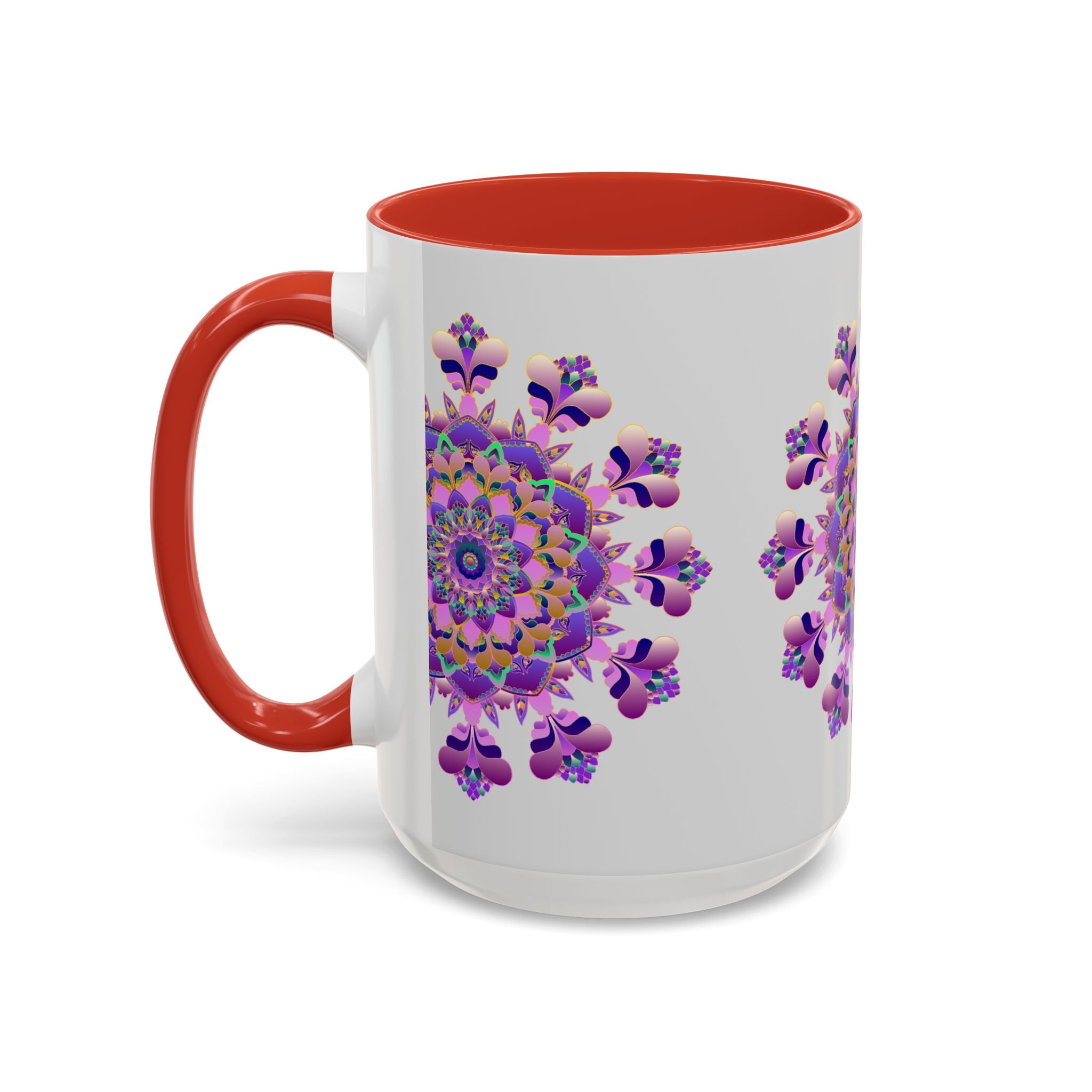 A beautiful purple and pink floral mandala design adorns this ceramic mug